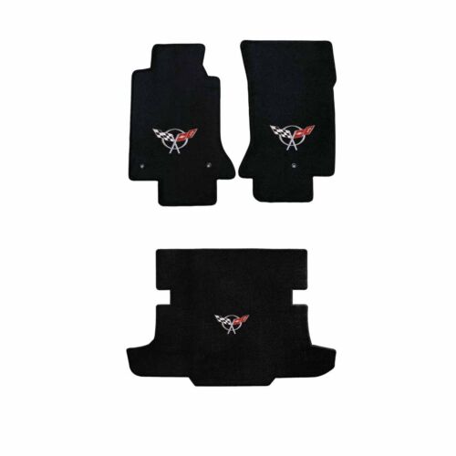 C5 Corvette Coupe & Hatchback Black 3pc Floor & Trunk Mats Silver C5 Flags Logo