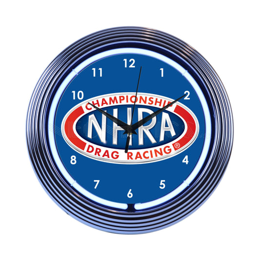 National Hot Rod Association NHRA Drag Racing Neon Wall Clock Blue & Chrome with White Illumination