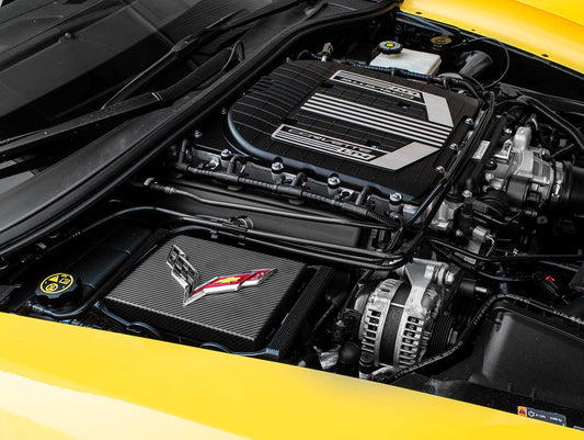 C7 Corvette Black Carbon Fiber Fuse Box Cover w/ Chrome Crossed Flags Emblem