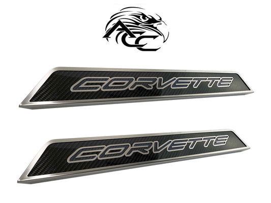 2020-2023 Corvette C8 Carbon Fiber Door Sill Step Plates LH RH w/ Black Logo