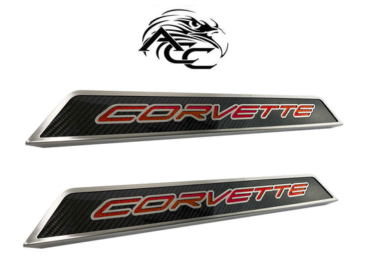 2020-2023 Corvette C8 Carbon Fiber Door Sill Step Plates LH RH w/ Red Logo