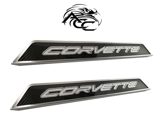 2020-2023 Corvette C8 Carbon Fiber Door Sill Step Plates LH RH w/ White Logo