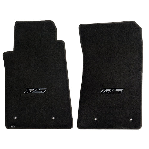 2010-2015 Camaro Ebony Black 2pc Front Floor Mats Set - Gray RS Road Sport Logo