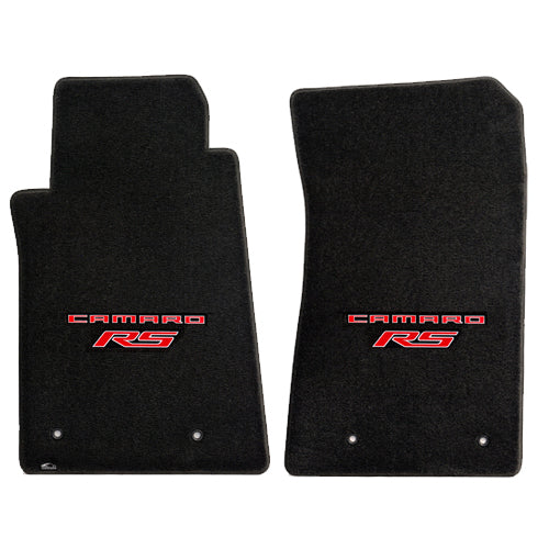 2010-2015 Camaro RS Road Sport Ebony Black 2pc Front Floor Mats Set - Red Logos