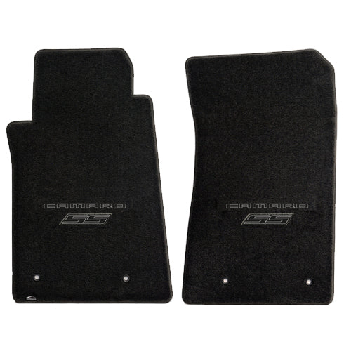 2010-2015 Camaro SS Super Sport Ebony Black 2pc Front Floor Mats - Gray Logos
