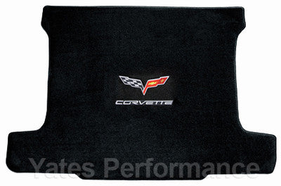 C6 Coupe Ebony Black Rear Trunk Cargo Mat - Crossed Flags & Silver CORVETTE Logo
