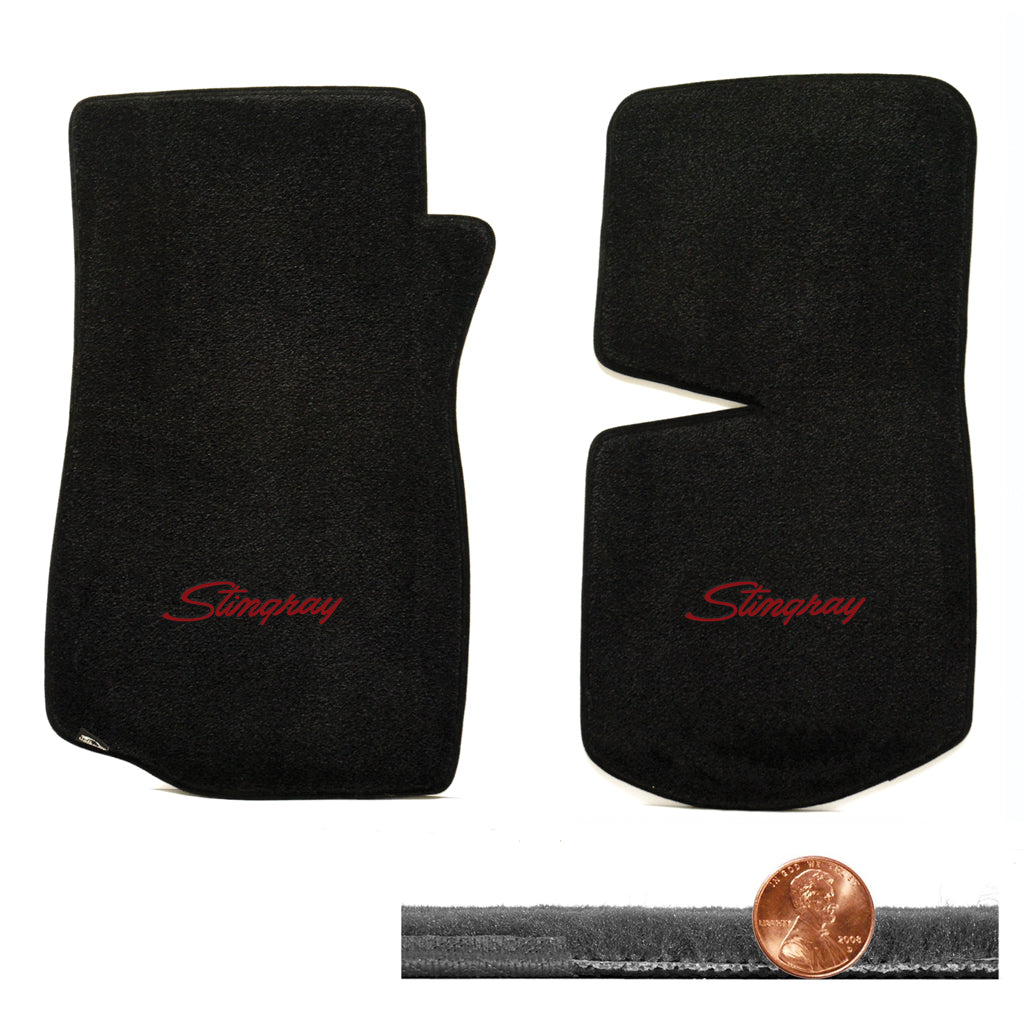 1968-1982 C3 Corvette Black 2pc Velourtex Front Floor Mats - Red Stingray Logo