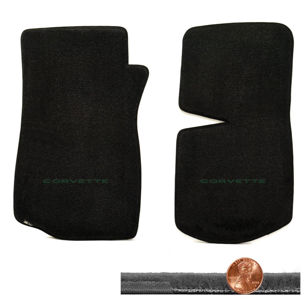 1968-1975 C3 Corvette Black 2pc Velourtex Floor Mats - CORVETTE Logo in Green