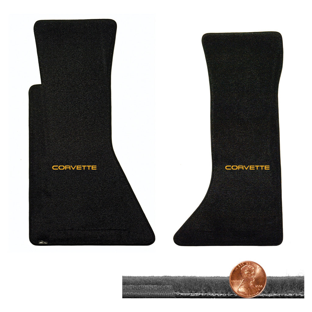 1984-1990 C4 Corvette Black 2pc Velourtex Floor Mats Set - Yellow CORVETTE Logos