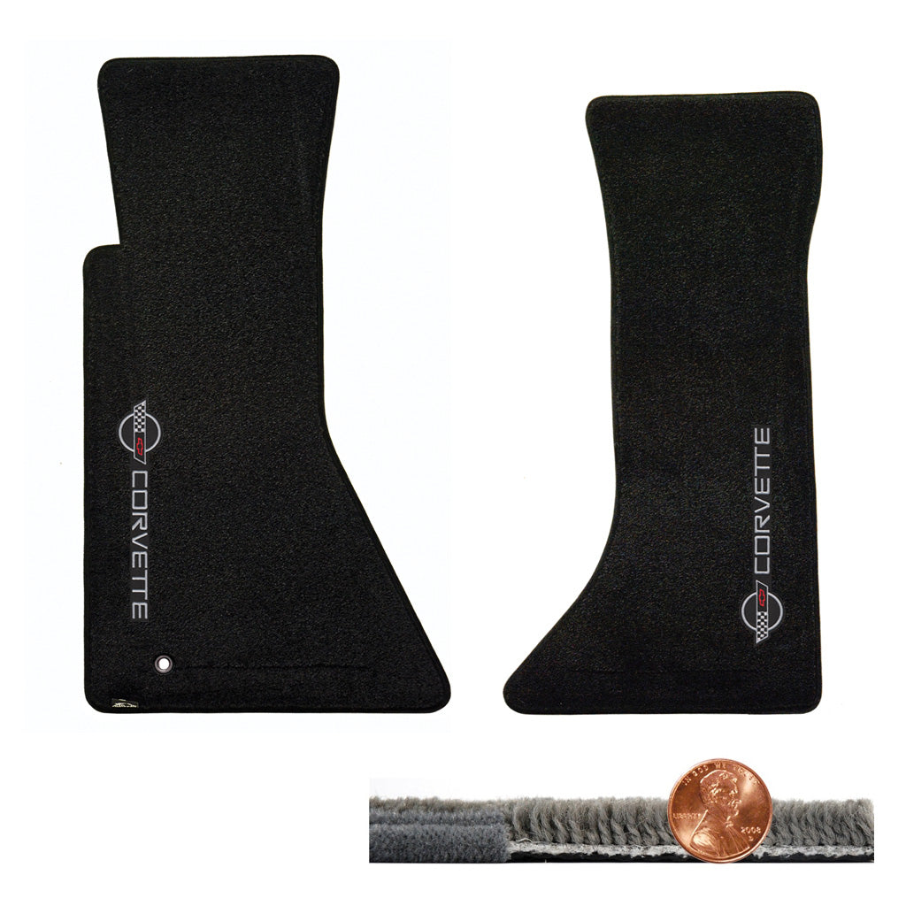 1995 1996 C4 Corvette Black 2pc Ultimat Floor Mat Set - Silver Logos Face Doors