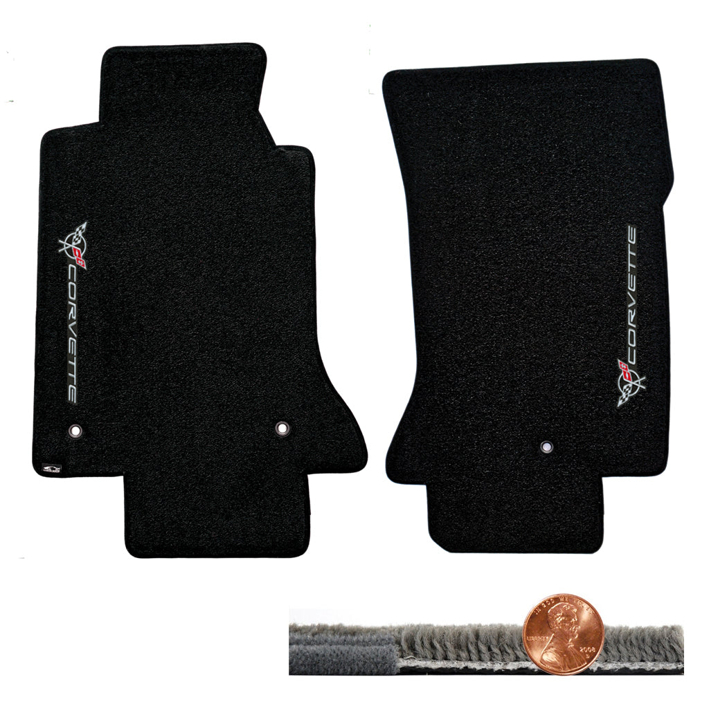 1997-2004 C5 Black 2pc Ultimat Floor Mats - Flags & CORVETTE Logos Face Doors