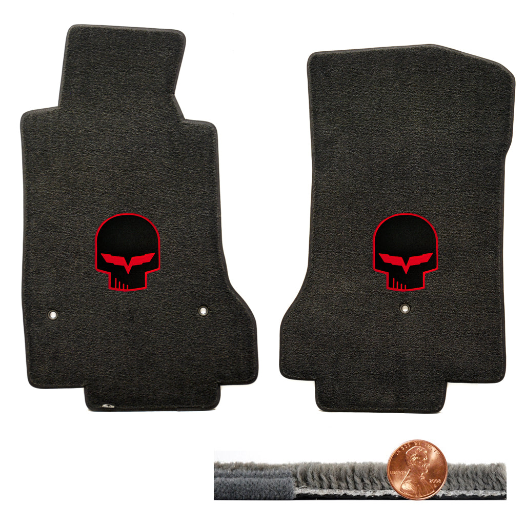 2008-2012 C6 Corvette Ebony Black Ultimat Floor Mats Set - Red Jake Skull Logos