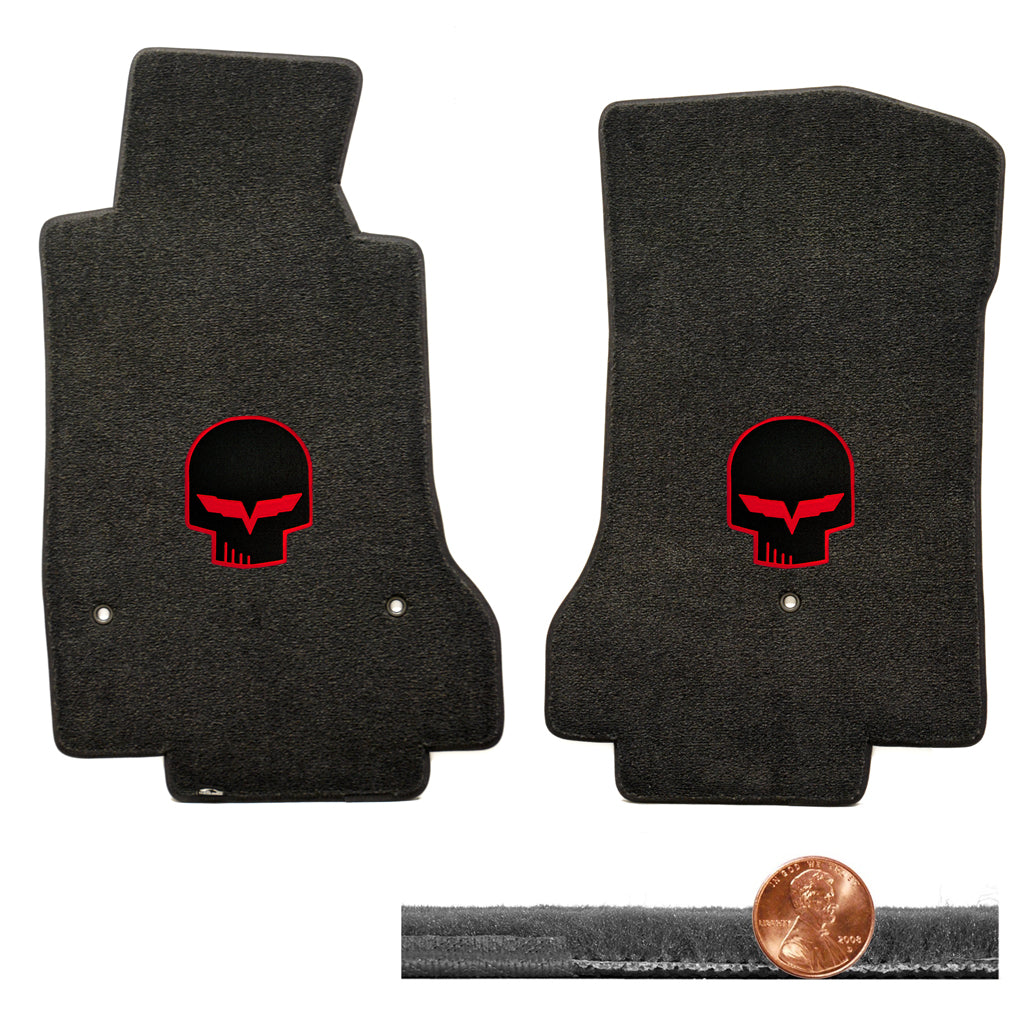 2008-2012 C6 Corvette Ebony Black Velourtex Floor Mats - Red Jake Skull Logos