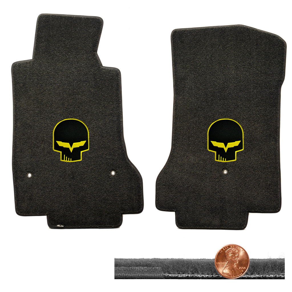 2008-2012 C6 Corvette Ebony Black Velourtex Floor Mats - Yellow Jake Skull Logos