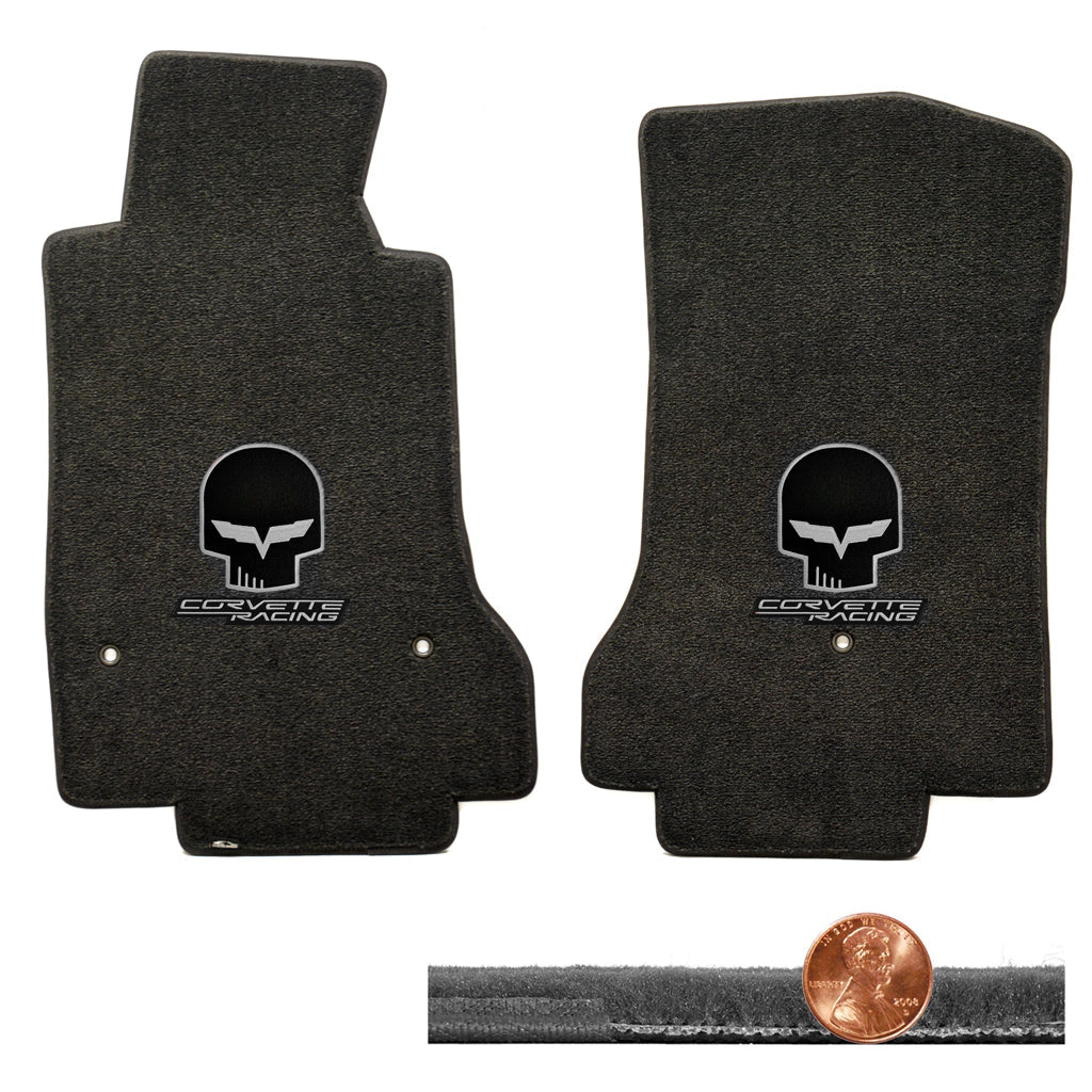 2008-2012 C6 Corvette Ebony Velourtex Floor Mats - Silver Skull & Racing Logos