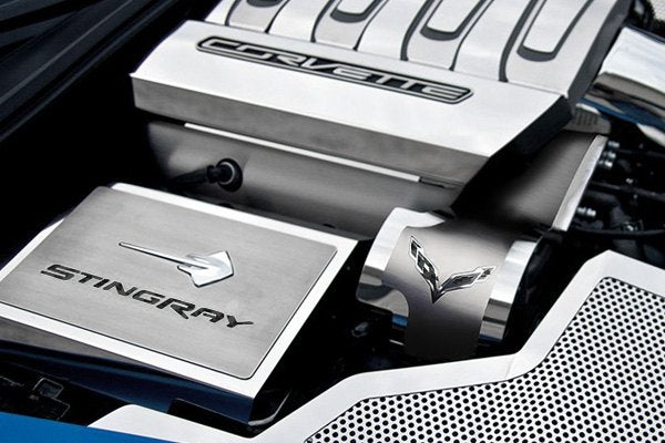 2014-2019 Chevy C7 Z06 Corvette Alternator Cover Crossed Flags Stainless Steel