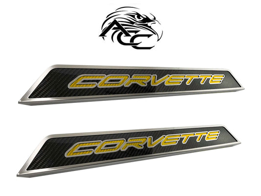 2020-2023 Corvette C8 Carbon Fiber Door Sill Step Plates LH RH w/ Yellow Logo