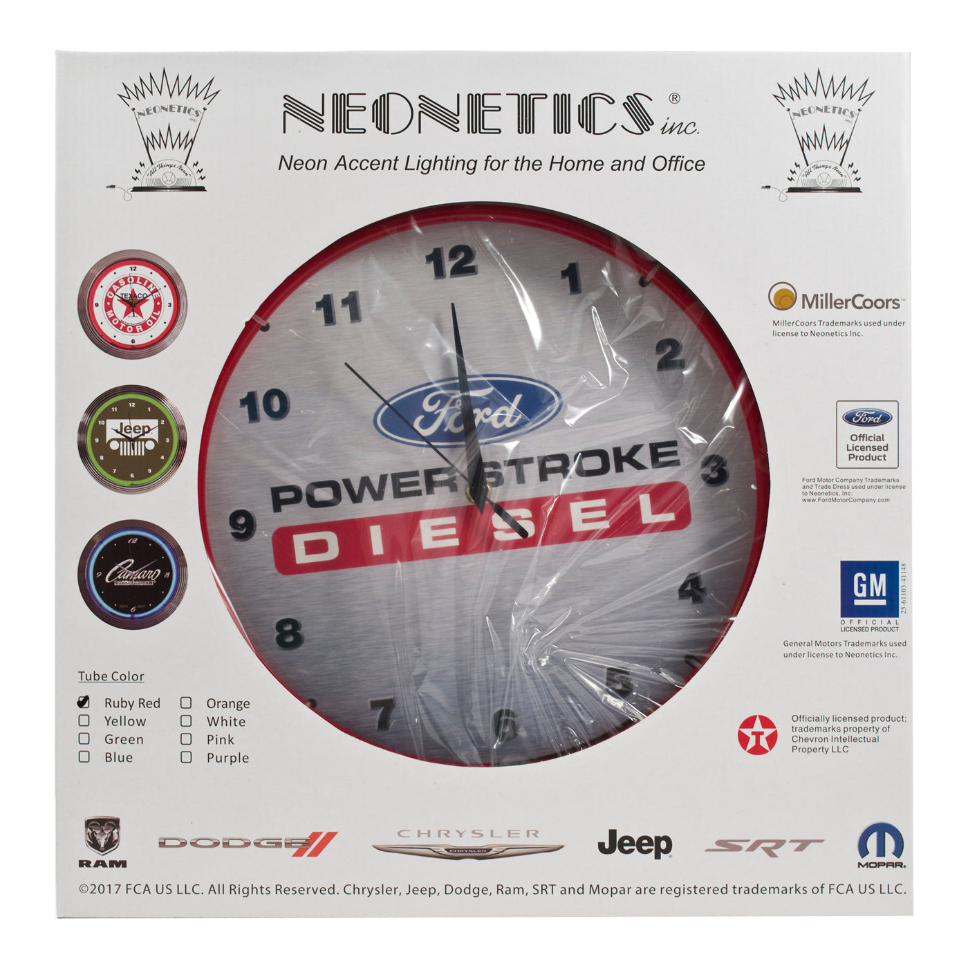 Ford Power Stroke Diesel Neon Garage Wall Clock Chrome Trim w/ Red Illumination