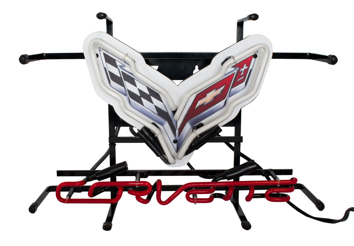 Corvette C7 Stingray Neon White & Red Light Up Garage Wall Sign 17" x 12"