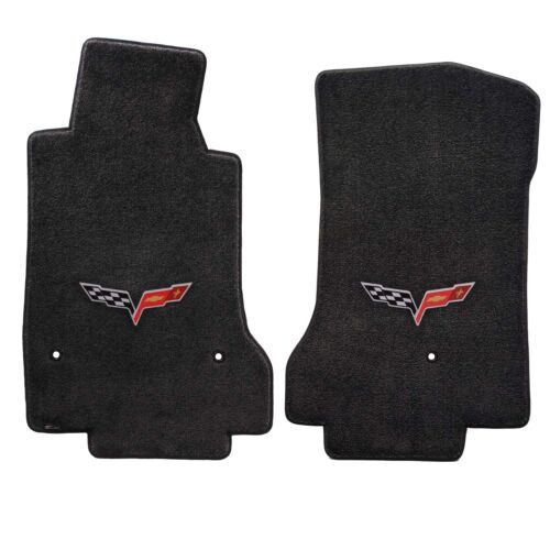 Late 2007 C6 Corvette Ebony Black 2pc Front Floor Mats Set - Crossed Flags Logos