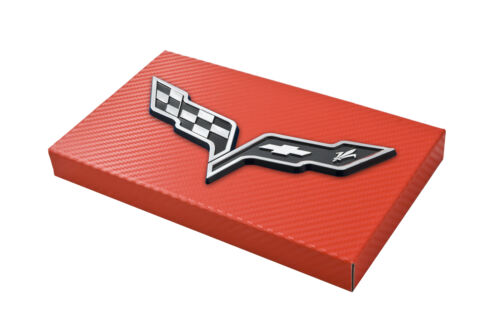 2005-2013 Corvette C6 Red Carbon Fiber Fuse Box Cover Black Cross Flag Emblem