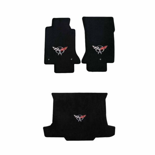 1998-2004 C5 Corvette Convertible Black Floor & Trunk Mat Set Silver Flags Logos