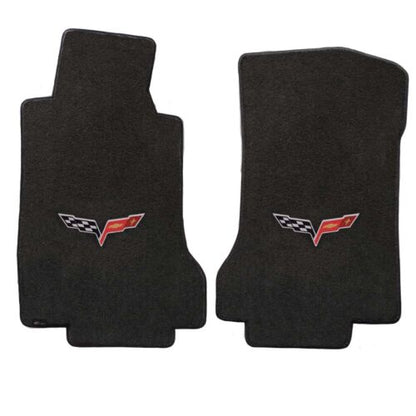 2005-2007.5 C6 Corvette Ebony Black Front Floor Mats Set - Crossed Flags Logo