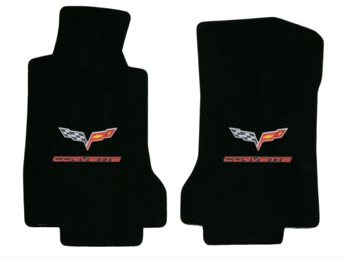 2008-2013.5 C6 Black Ebony Floor Mats Set - Crossed Flags & Red CORVETTE Logos