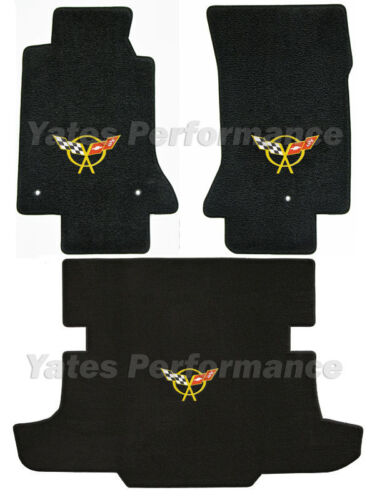 C5 Corvette Coupe Classic Loop Black Floor & Rear Trunk Mats Yellow Flags Logo