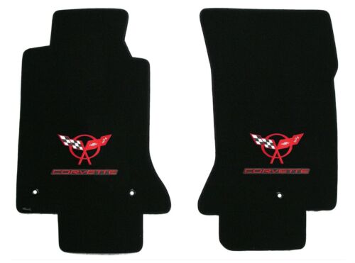 C5 Classic Loop Black Front 2pc Floor Mats - Red Crossed Flags & CORVETTE Logos