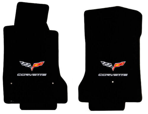 2007.5-2013 C6 Ebony Black Floor Mats - Crossed Flags & Silver CORVETTE Logos