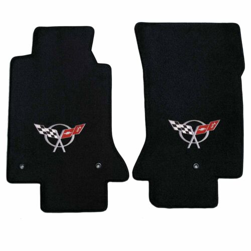 1997-2004 C5 Corvette Black Ebony Front Floor Mats w/ Silver Crossed Flags Logo