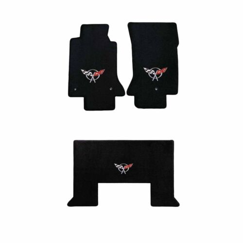 2001-2004 C5 Corvette Z06 Coupe Black Floor & Trunk Mat Set - Silver Flags Logos