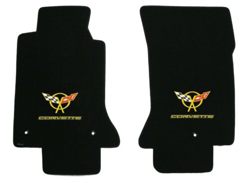 C5 Classic Loop Black Front Floor Mats - Yellow Crossed Flags & CORVETTE Logos