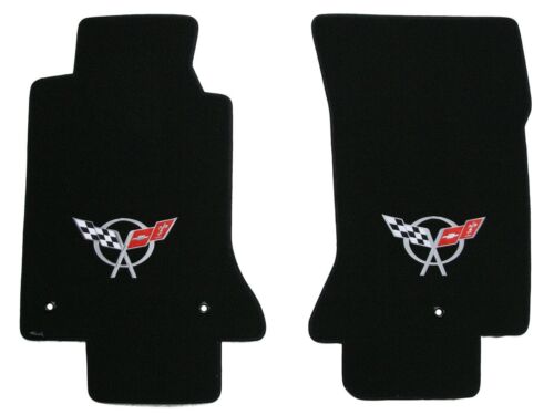 C5 Corvette Classic Loop Black 2pc Front Floor Mats - Silver Crossed Flags Logo