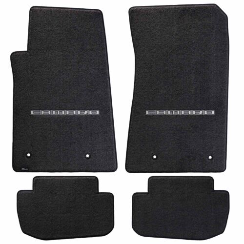 2010-15 Chevy Camaro 4pc Ebony Black Ultimat Floor Mat Set w Silver CAMARO Logo