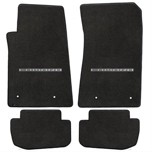 2010-15 Chevy Camaro Ebony Black 4pc Front Rear Floor Mats - Silver CAMARO Logo