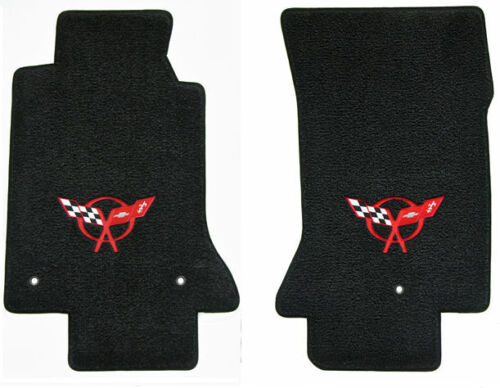 C5 Corvette Classic Loop Black 2pc Front Floor Mats Set - Red Crossed Flags Logo