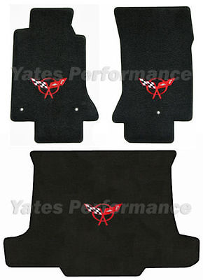 C5 Corvette Convertible Classic Loop Black Floor & Trunk Mat Set w Red Flags