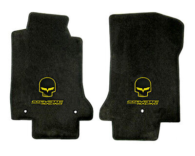 Late 2007 C6 Corvette Ebony Black Floor Mats - Yellow Jake Skull & Racing Logos