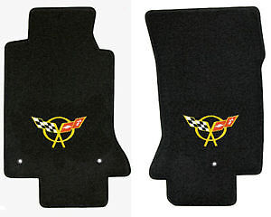 C5 Corvette Classic Loop Black 2pc Front Floor Mats - Yellow Crossed Flags Logo