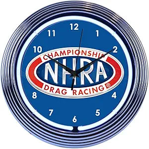 National Hot Rod Association NHRA Drag Racing Neon Wall Clock Blue & Chrome with White Illumination