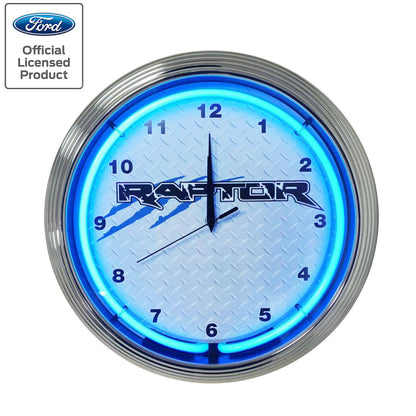 Ford Raptor Blue Light Up Neon Garage Man Cave Wall Clock w/ Chrome Trim