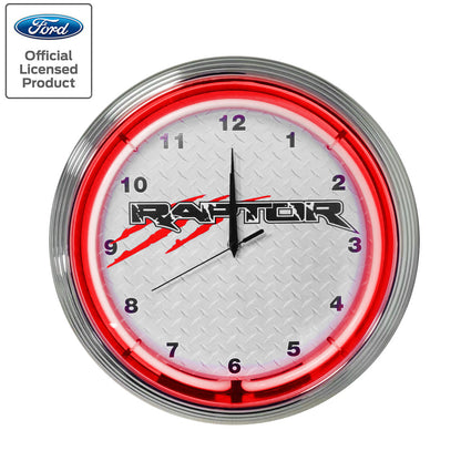 Ford Raptor Red Light Up Neon Garage Man Cave Wall Clock w/ Chrome Trim