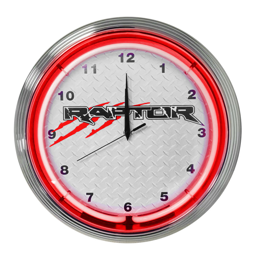 Ford Raptor Red Light Up Neon Garage Man Cave Wall Clock w/ Chrome Trim