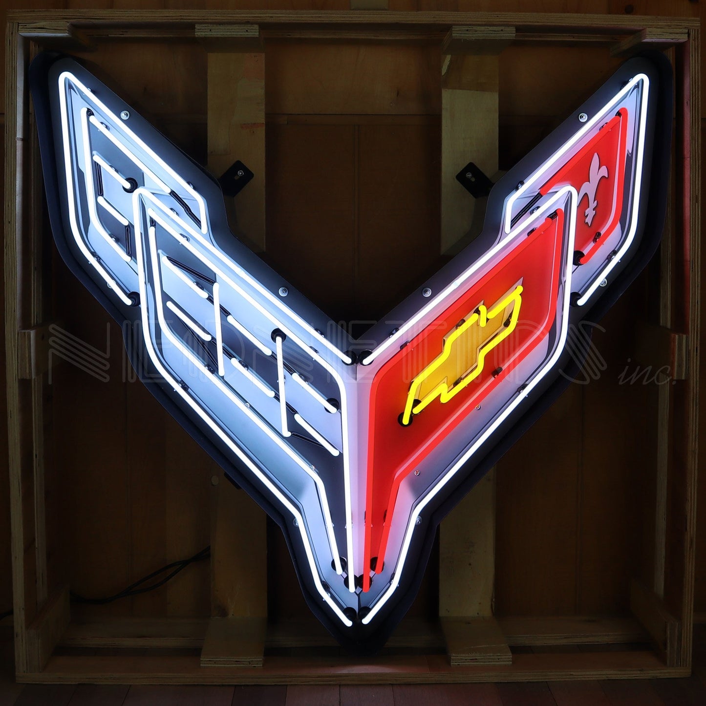 Chevrolet Corvette C8 Light Up Neon Garage Wall Sign in Steel Can Housing 40"x39"x6"