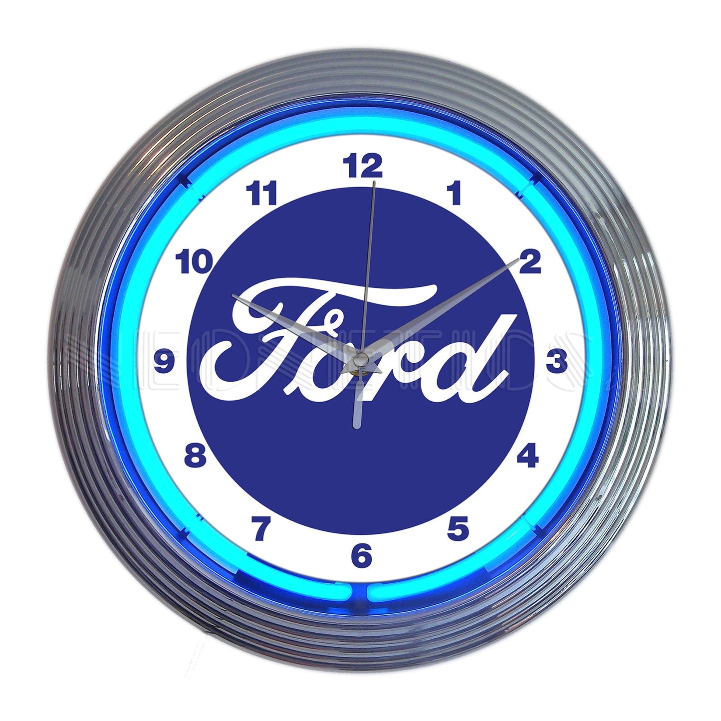 Ford Script Logo Garage Man Cave Wall Clock Chrome Trim w/ Blue Neon Light