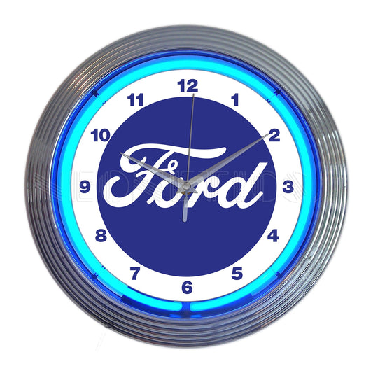 Ford Script Logo Garage Man Cave Wall Clock Chrome Trim w/ Blue Neon Light