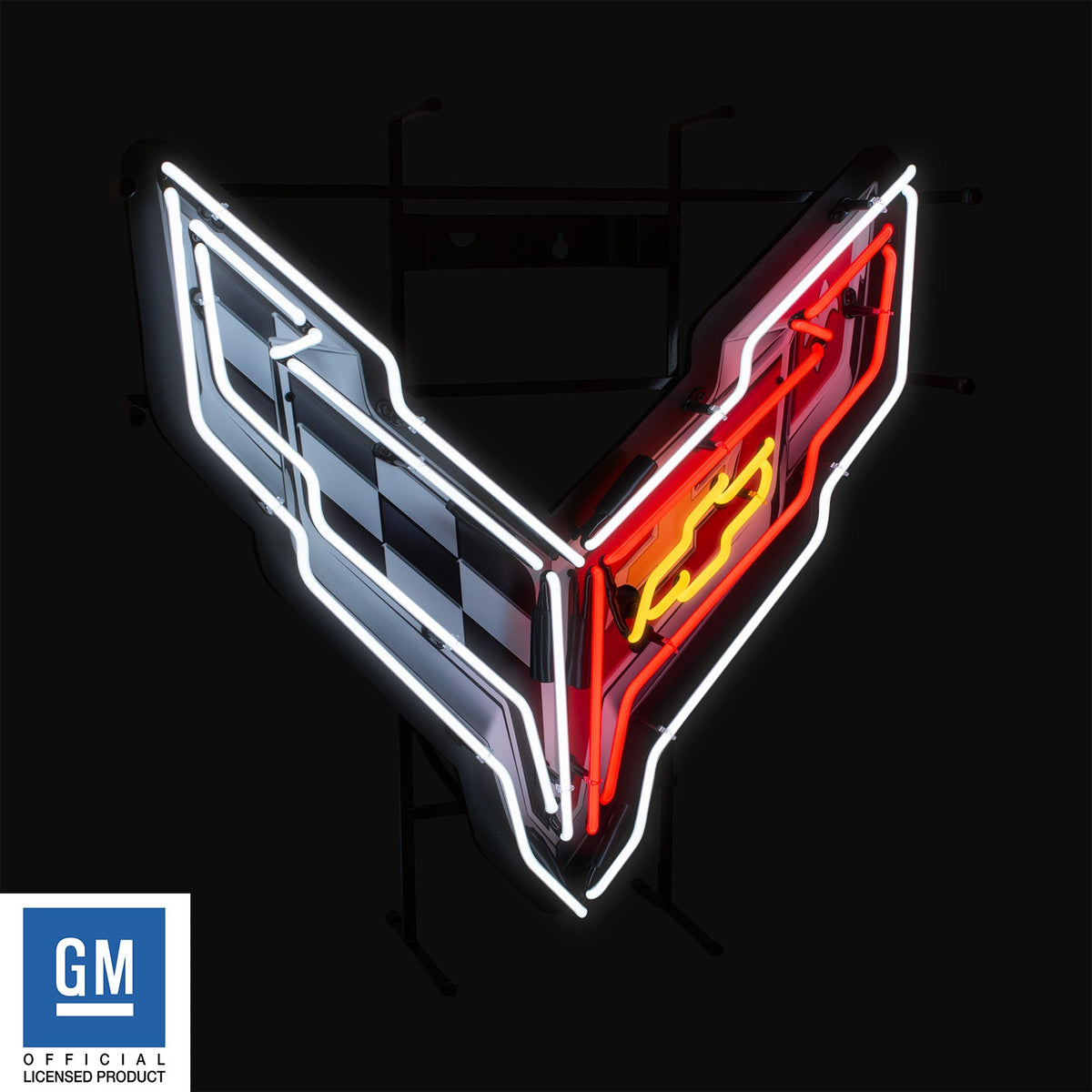 Corvette C8 Stingray Crossed Flags Neon Red White & Yellow Light Up Garage Wall Sign 24" x 24"