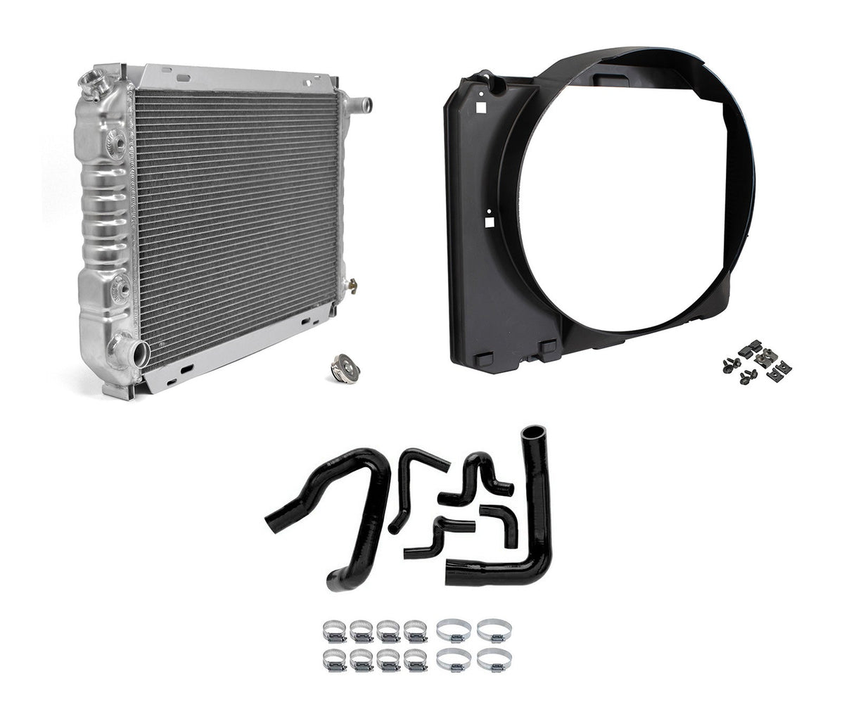1986-1993 Mustang 5.0L 2-Row 24" Aluminum Radiator w/ Fan Shroud & Black Hoses